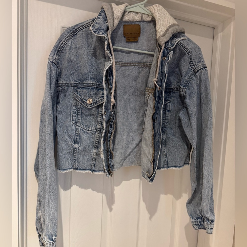 American Eagle Light Blue Denim Jacket with Gray Hood